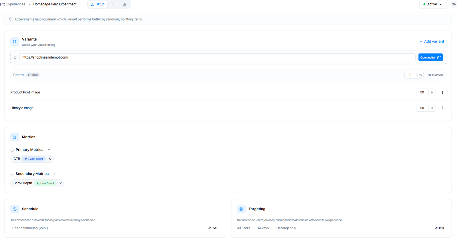 Running experiments in Intempt Experiments module